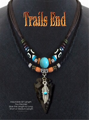 TRIBAL STONE ARROWHEAD Adjustable 32'' Leather Necklace Turquoise Eagle Feather'
