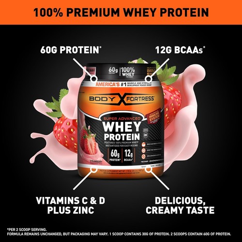 Body Fortress Super Advanced Whey Protein Powder, Vanilla, 60g Protein & 12g BCA - Picture 2 of 7