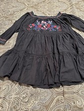 Free People Dress Black Flowers Mid Length Sleeve Embroidered Boho XS