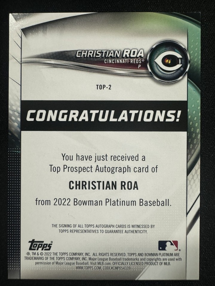 Christian Roa 2022 Bowman Platinum Top Prospects Auto #TOP-2 Reds | eBay