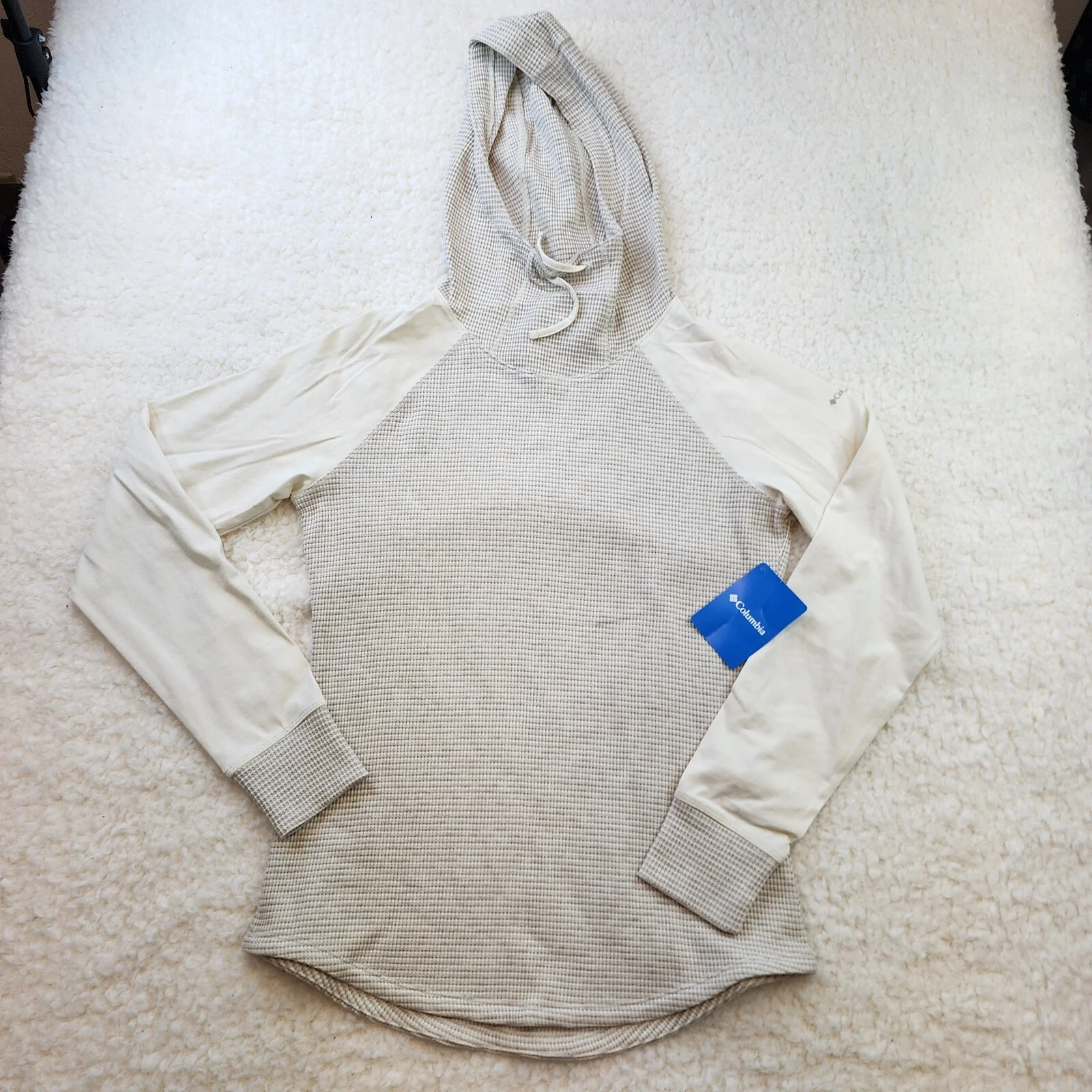 Columbia Top Women L Waffle Knit Thermal Hooded Raglan Gray Cream NEW