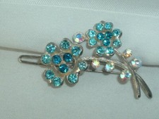 VINTAGE BLUE RHINESTONE FLOWER HAIR BARRETTE HAIR ACCESSORY