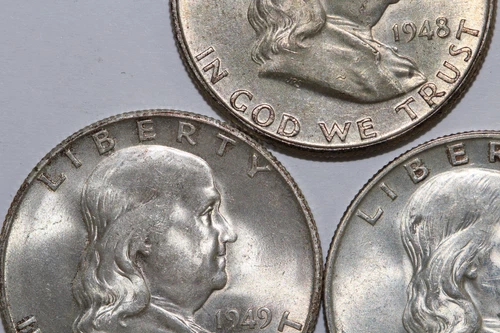 1948 & 1949-D AU, 1949-S MS Franklin 90% Silver Half Dollars (NUM9000)