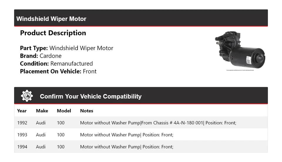 For 1992-1994 Audi 100 Windshield Wiper Motor Front Cardone 1993 - Image 2 of 4