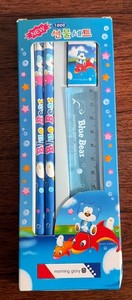NIP Blue Bear Morning Glory Pencil Set Eraser Ruler Korean Stationery