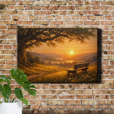 Countryside Landscape Poster Print Golden Hour Lone Bench Under Oak Tree