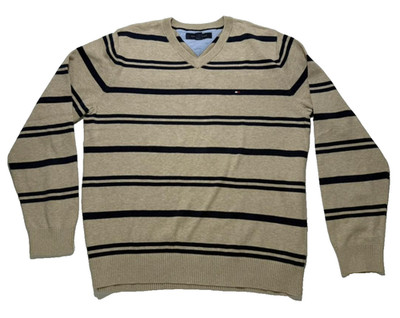 Tommy Hilfiger Herren Baumwollpullover mit V-Ausschnitt in Beige und Marinebl...