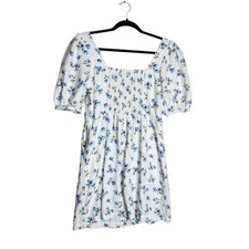 Old Navy Women White Blue Floral Linen Blend Puff Sleeve Button Mini Dress M