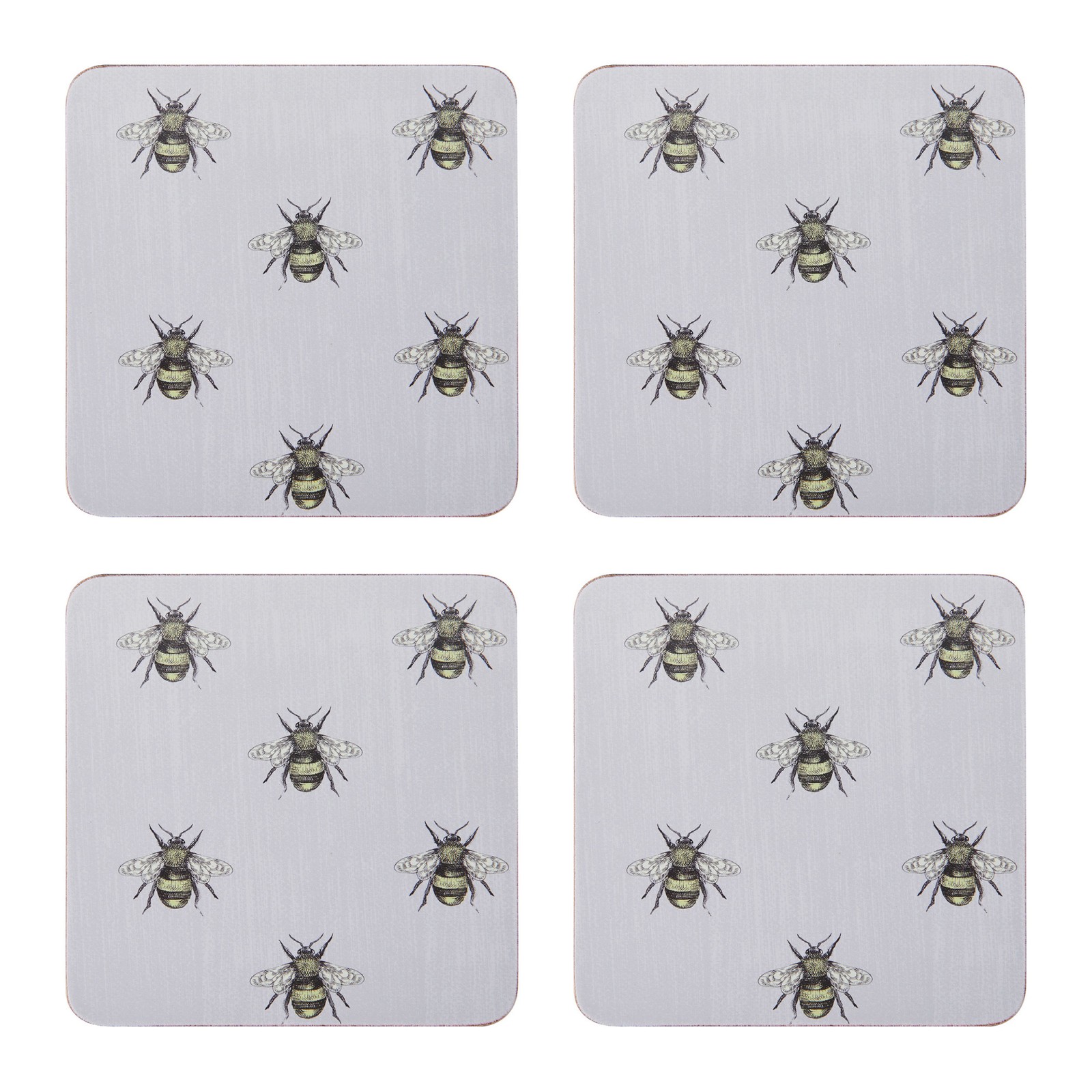 Creative Tops Set of 4 Country Bee Coasters, Square Cork Backed 10.5 x 10.5cm