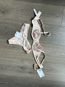 Aubade Paris Bra Thong Lingerie Set 32B S Nude Blush Floral Lace NWT France