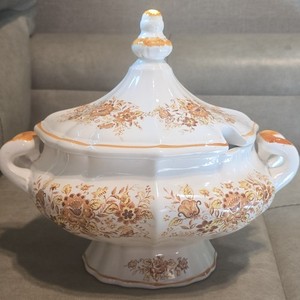 Vintage White Glazed Ceramic Floral Soup Tureen w/ Lid & Handles