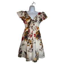 Taylor Flutter Sleeve Empire Waist Dress Floral Birds SIZE 4 100% Cotton Lined