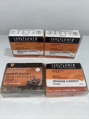 4 Sealed SoulFlower Vegan Soap Bars, 3 Orange Carrot & 1 Milk Chocolate, Slightl