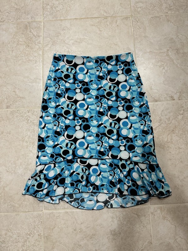 Suzie Where Blue Black White Geometric Skirt Ruffled Hem Size Large