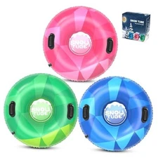 3Pack Snow Tubes, Snow Sled for Kids and Adults, Cold Green, Pink, Blue
