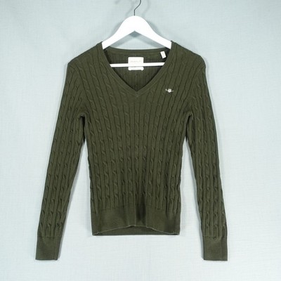 Gant Pullover Damen klein grün Stretch Baumwollmischung Zopfmuster Pulli Sweater