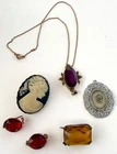 Vintage  Costume Jewelry Cameo Brooch Pin Necklace Lot Of 6
