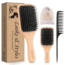 Hair Brush, 2 Pack Boar Bristle Paddle Hairbrush Rectangular, Black, Brown 