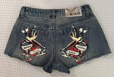 Ed Hardy Swallow Denim Shorts With Born Free Painted Pockets SZ XS Raw Cut Hems