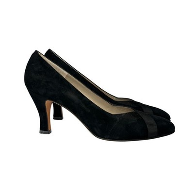 VTG Salvatore Ferragamo Pumps 7 AAA Vintage Black Suede Ribbon Pointed Toe Heel