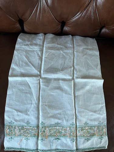 Vintage Creme Leinen Geschirrtuch mit Stickerei Grün & Gelb Irish Celtic Bir - Bild 6 von 8