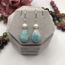 Natural Blue Larimar Briolette Earrings .925  12mm Chunky Boho