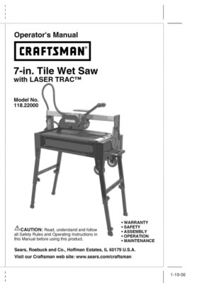 Craftsman 118 22000 Tile Wet Saw Owners Instruction Manual Ebay
