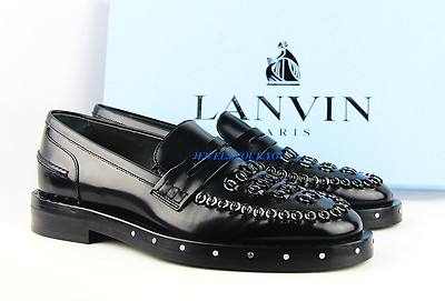 LANVIN BLACK GLOSSY METAL EMBROIDERED 100% LEATHER SLIP SHOES ITALY SZ10 NEW BOX