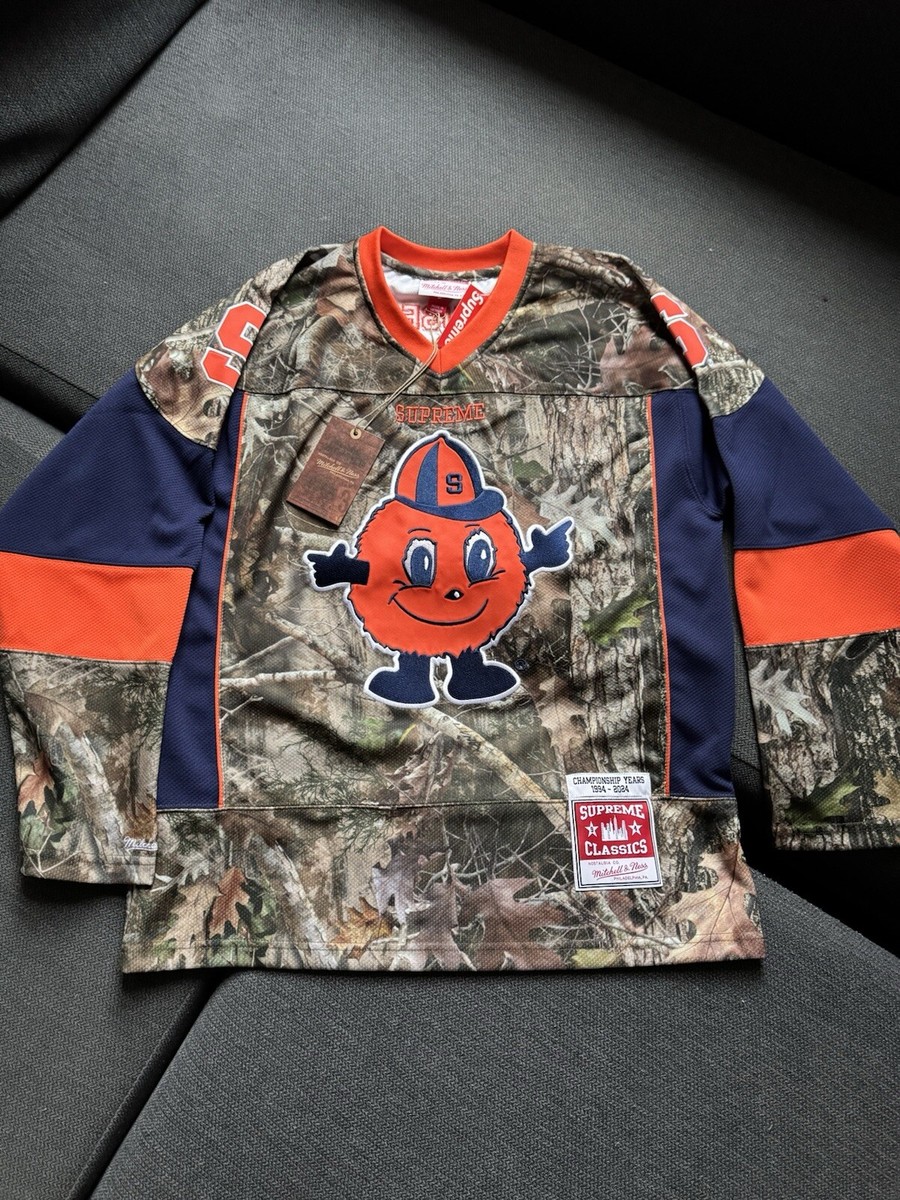 Supreme x Mitchell & Ness x NCAA Hockey Jersey Camo Orange Small 