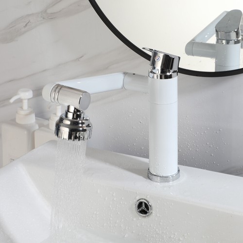 Grifo mezclador de lavabo giratorio 360° con brazo oscilante blanco montado en cubierta - Imagen 7 de 64