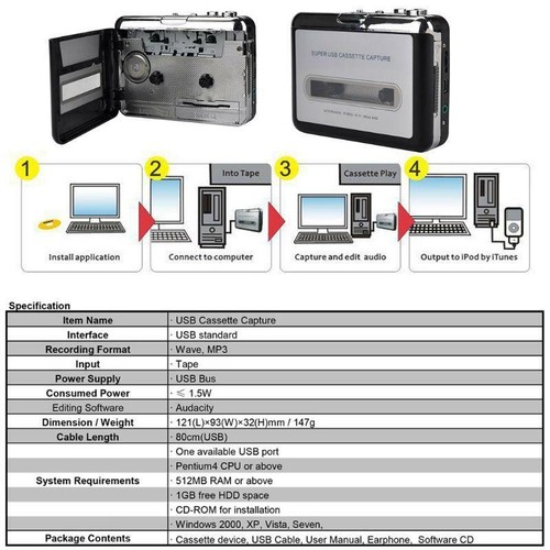 USB Cassette Player Tape to PC Cassette to MP3 Format Converter Audio Capture