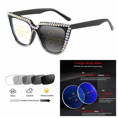 Multifocal Progressive Crystal Rhinestone Transition Photochromic Reading Glass