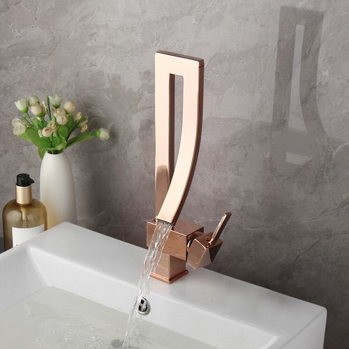 Grifo de baño con caño de cascada de oro rosa mezclador de lavabo grifo de una sola manija - Imagen 9 de 11