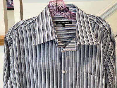John Henry Mens Fitted 16 1/2 32/33 Long Sleeved Dress Shirt Blue Gray Stripes