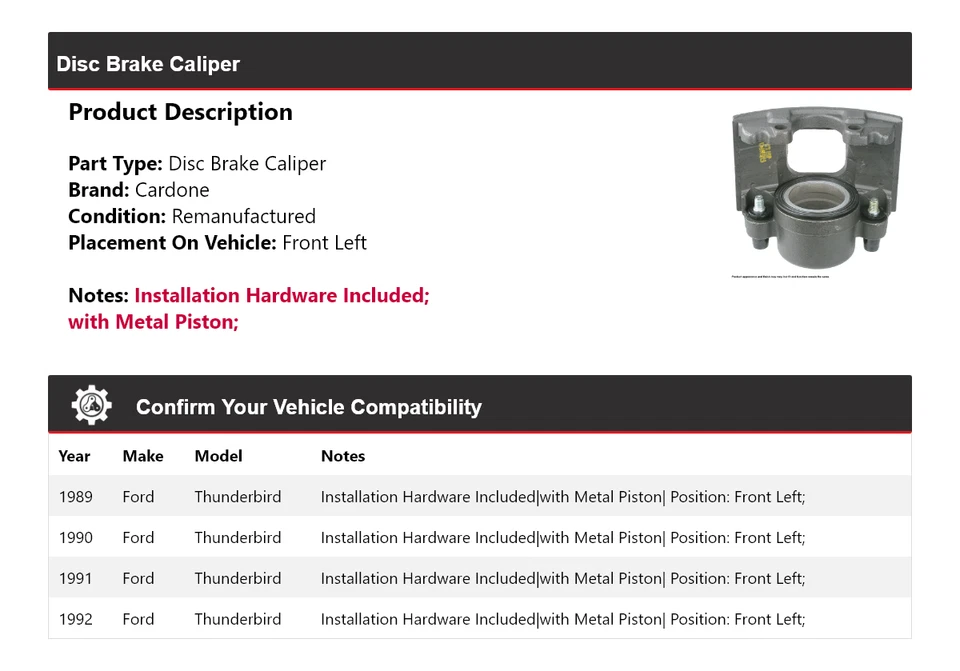 Pinza de freno de disco delantera izquierda cardone 1990 1991 para Ford Thunderbird 1989-1992 Foto 2 de 4