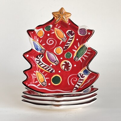 4 Clay Art Navidad Christmas Tree Shaped Dessert Plates Red Candy Cane Lights