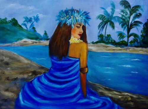  HAWAII ARTIST, ORIGINAL OIL PAINTINGS "HULA ON THE BEACH IN BLUE" - Picture 1 of 11