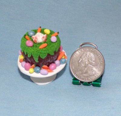 OOAK Miniature Dollhouse Easter Cake Stand Hand Sculpted Rabbit Eggs Artisan JS