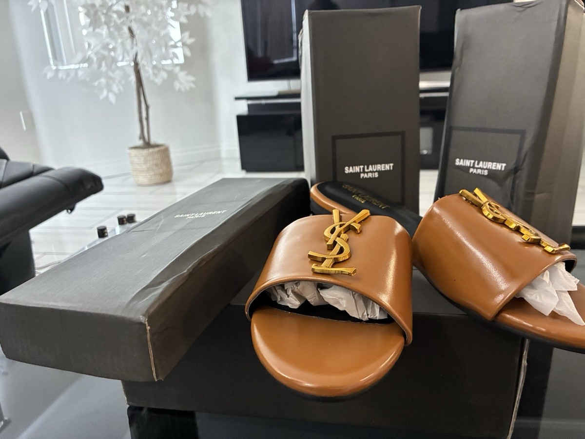 Saint Laurent Brown and Gold Sandals T-Bar Design Saint Laurent Cassandra YSL Smooth Leather Sandals | Neiman  main image 3