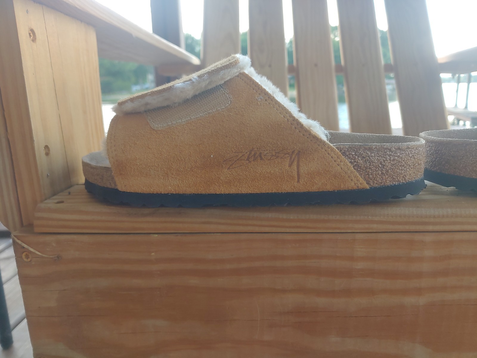 Birkenstock x Stussy Solana  Caramel Shearling Lined Slide  Women US 9 Men 7 image 6