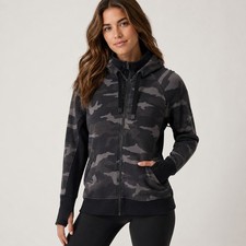 Athleta Womens Camo Full Zip Hoodie Gray Black Fleece Lined Thumbholes Large