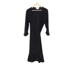 Eliza J Black Ruffle Hem Wrap Dress Size 12 V-Neck 3/4 Sleeve Midi Made in USA