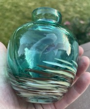 Hand Blown Studio Art Glass 4.25  Teal Green Brown Feather Swirl Bud Vase Heavy