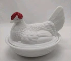 Vintage Westmoreland White Milk Glass Hen On Nest Covered Dish With Red