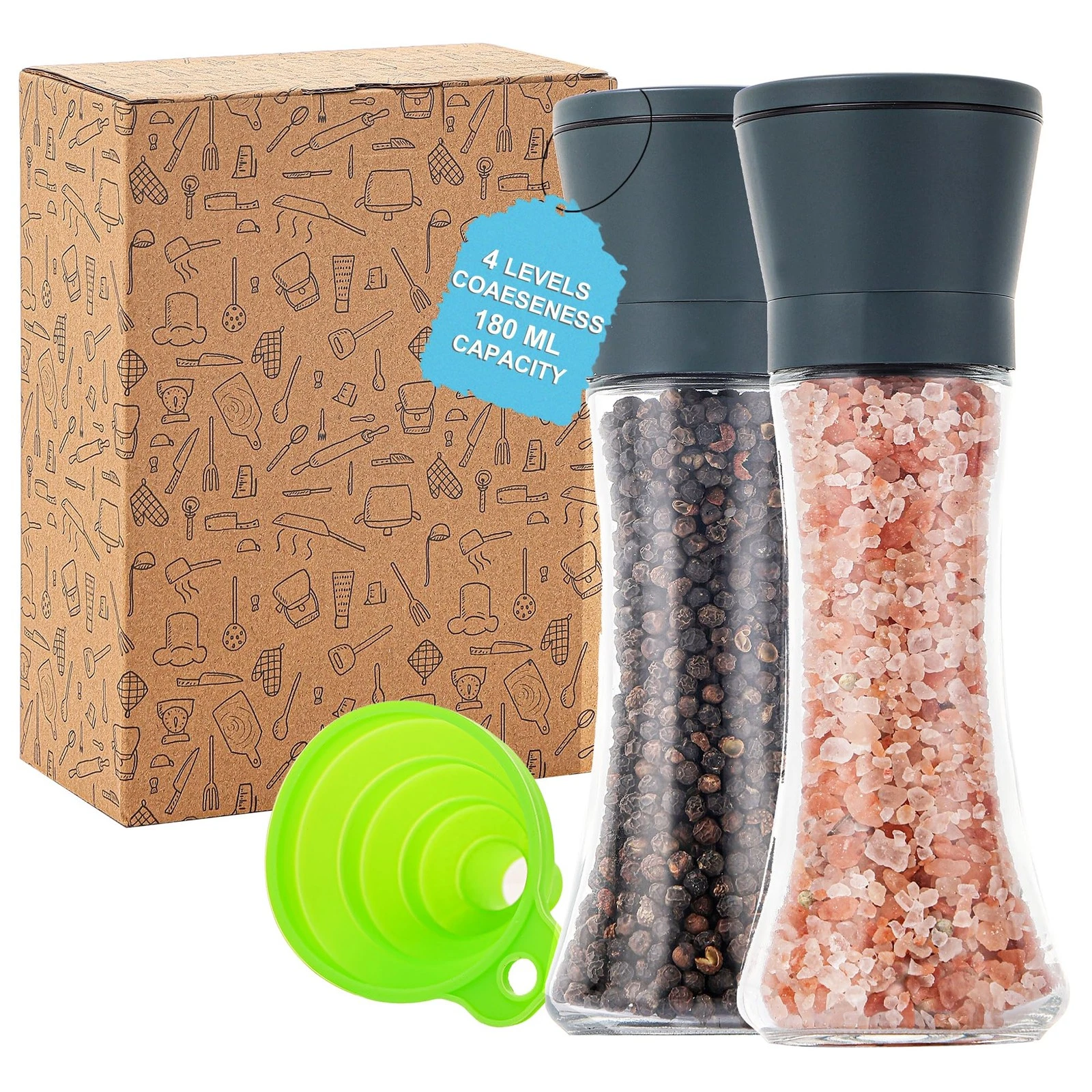 Salt and Pepper Grinder Set of 2, Stone Blue Manual Spice Mills with Adjustab...