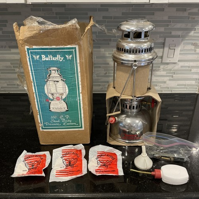 #ad Vintage Camping Butterfly 350 CP Kerosene Pressure Lantern Silver NOS READ $149.99