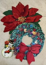 Vintage Christmas Die-Cut Decoration Set of 3 - Wreath, Poinsettia, Snowman