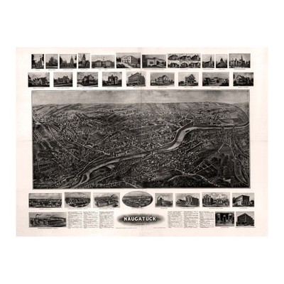 1906 Bird's Eye View Drawing of Naugatuck Connecticut with Historic Cityscape