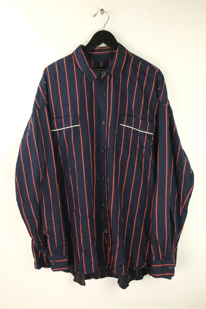 fear of godフィアオブゴッド長袖ストライプシャツ ネイビー×レッド Fear of God Long Sleeve Button-Up Casual Button-Down Shirts for