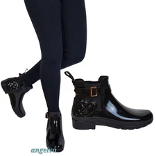 Hunter refined gloss quilt Chelsea ankle boots black pull on buckle outdoor